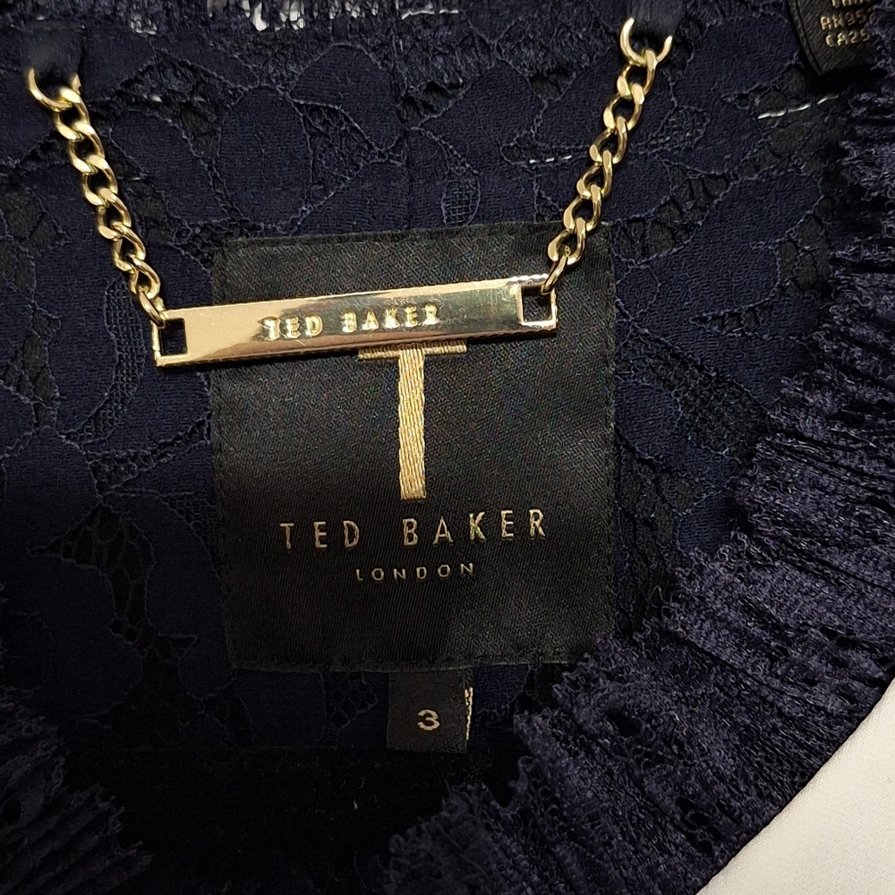 Ted Baker Navy Textured Zip Blazer Lace Trim Gold Hardware Size 3 - Picture 5 of 6